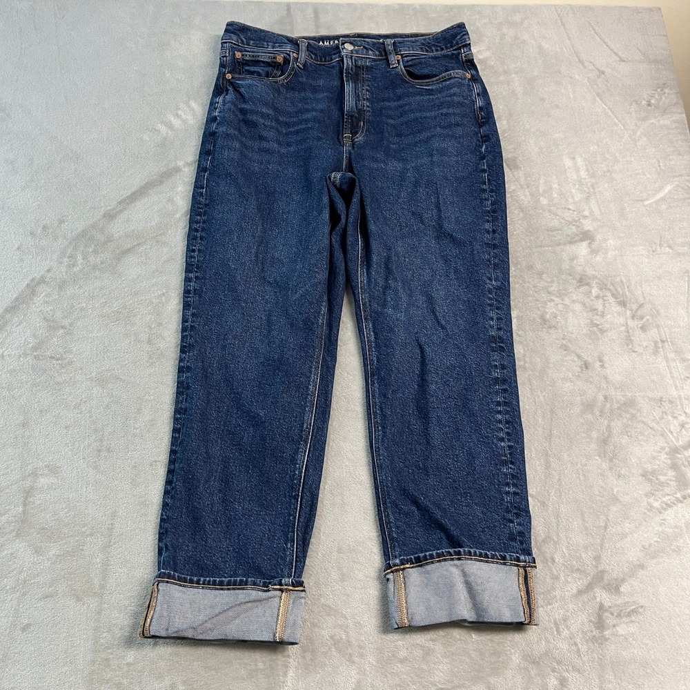 American Eagle Super High-Rise Straight Jeans Dark Wash Stretch Womens 12S Cuff